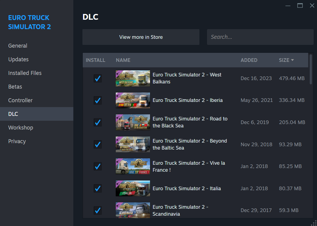 Checking DLC installation in Steam for ETS2