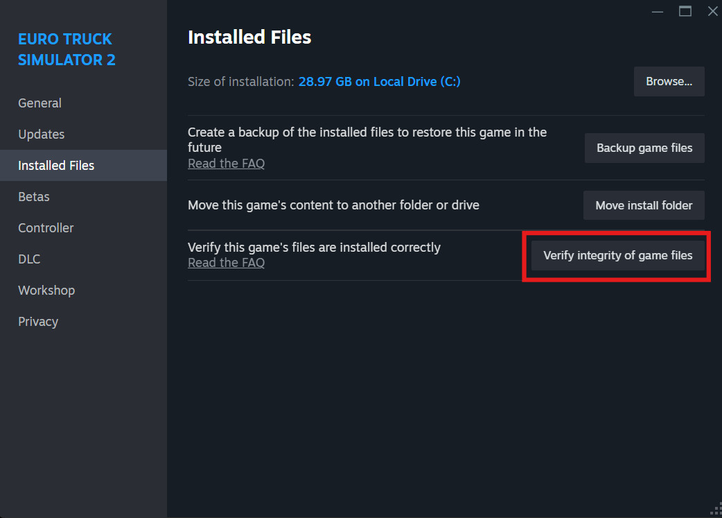 Verifying game files in Steam for ETS2